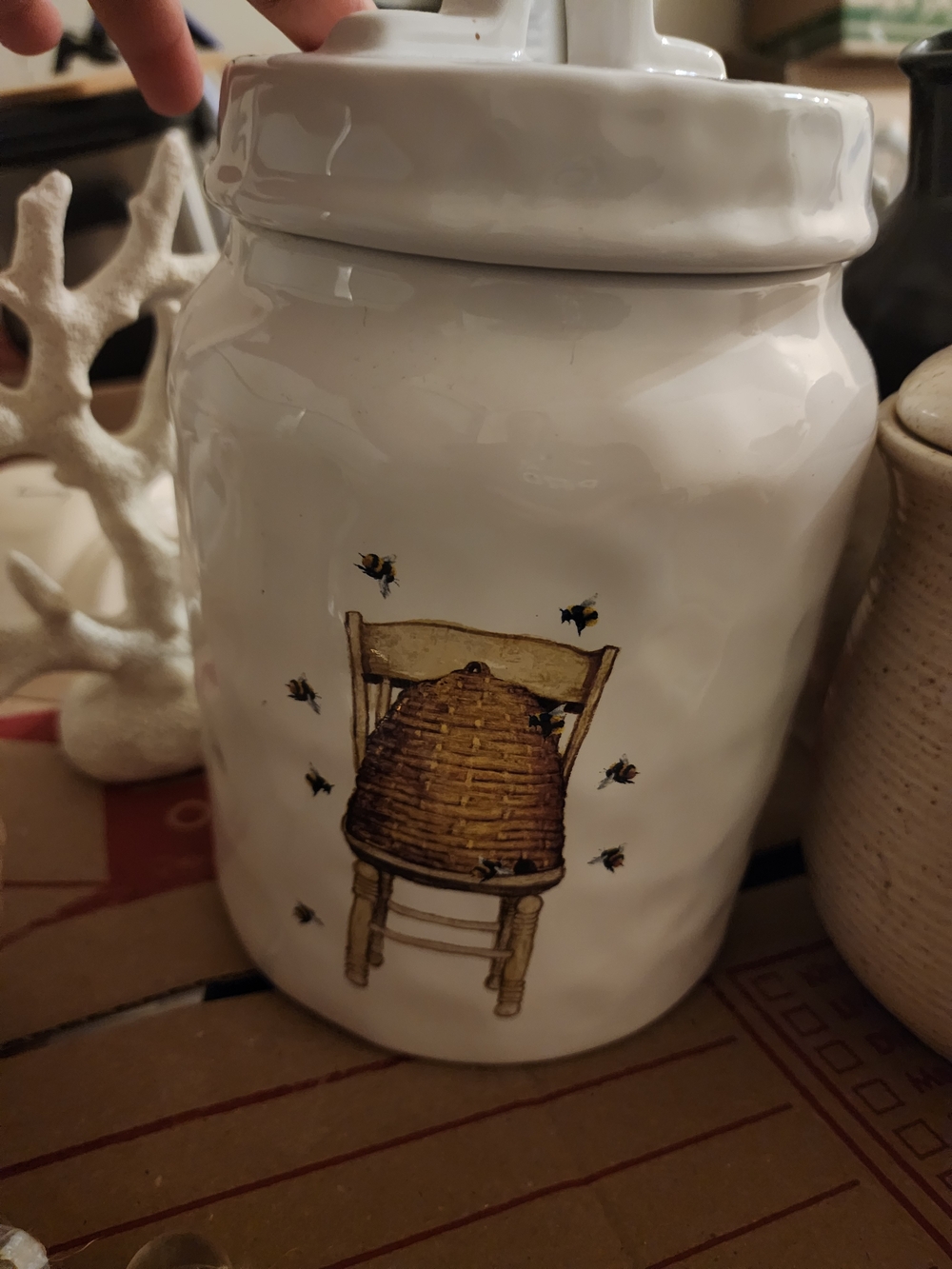 White Ceramic Honey Bee Canister with Beehive Illustration